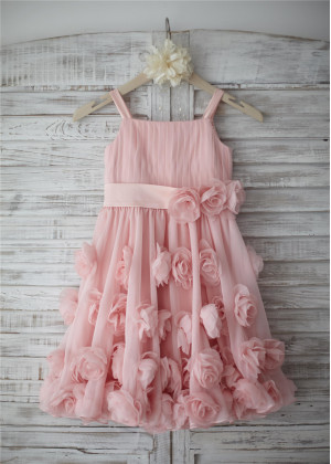 Spaghetti Straps Pink Pleated Chiffon 3D Flowers Wedding Flower Girl Dress